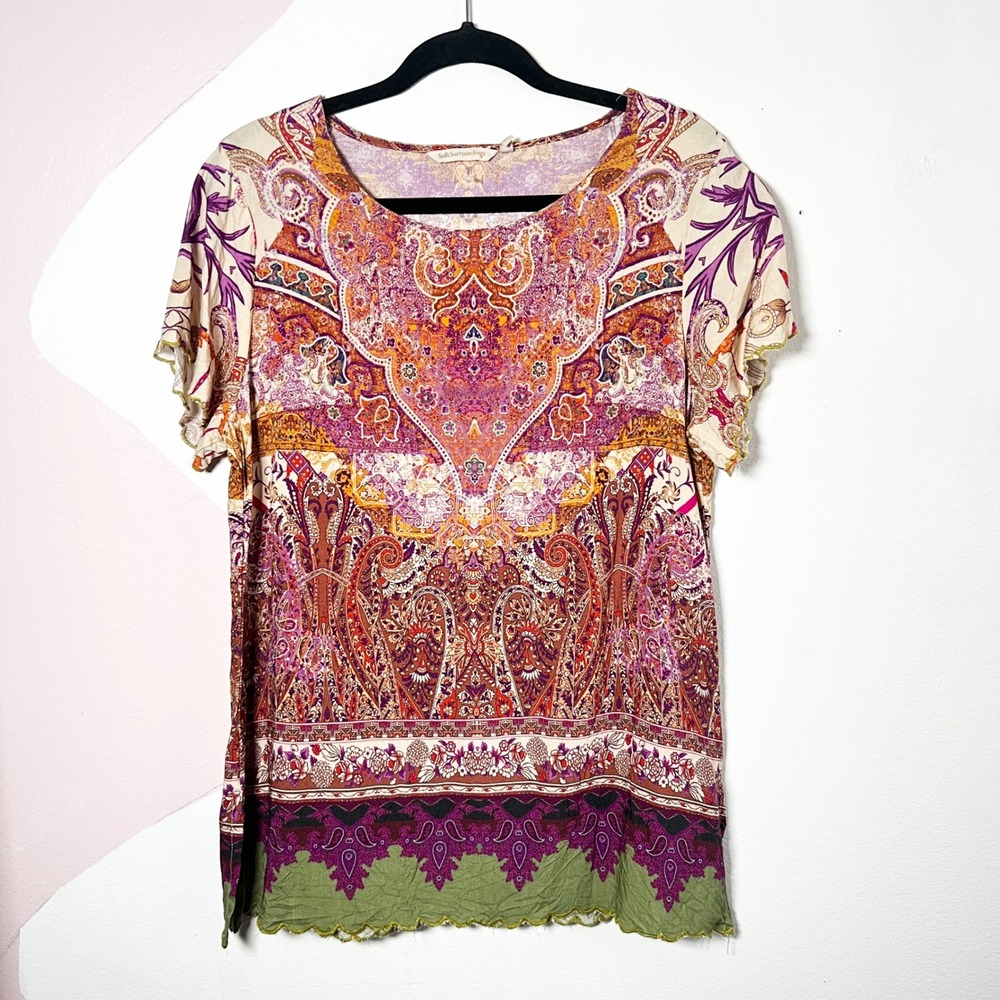 Soft Surroundings Paisley Top Womens Large Floral Short Sleeve Boho Artsy